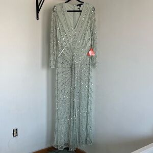 ASOS Mint with Silver Sequin Long Sleeve Sheer Mesh Gown